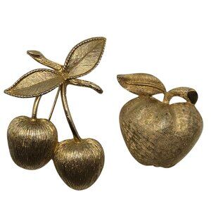 Signed Coro + Sarah Coventry Fruit Brooches 2PC Fruit Apple Cherry Statement Pin